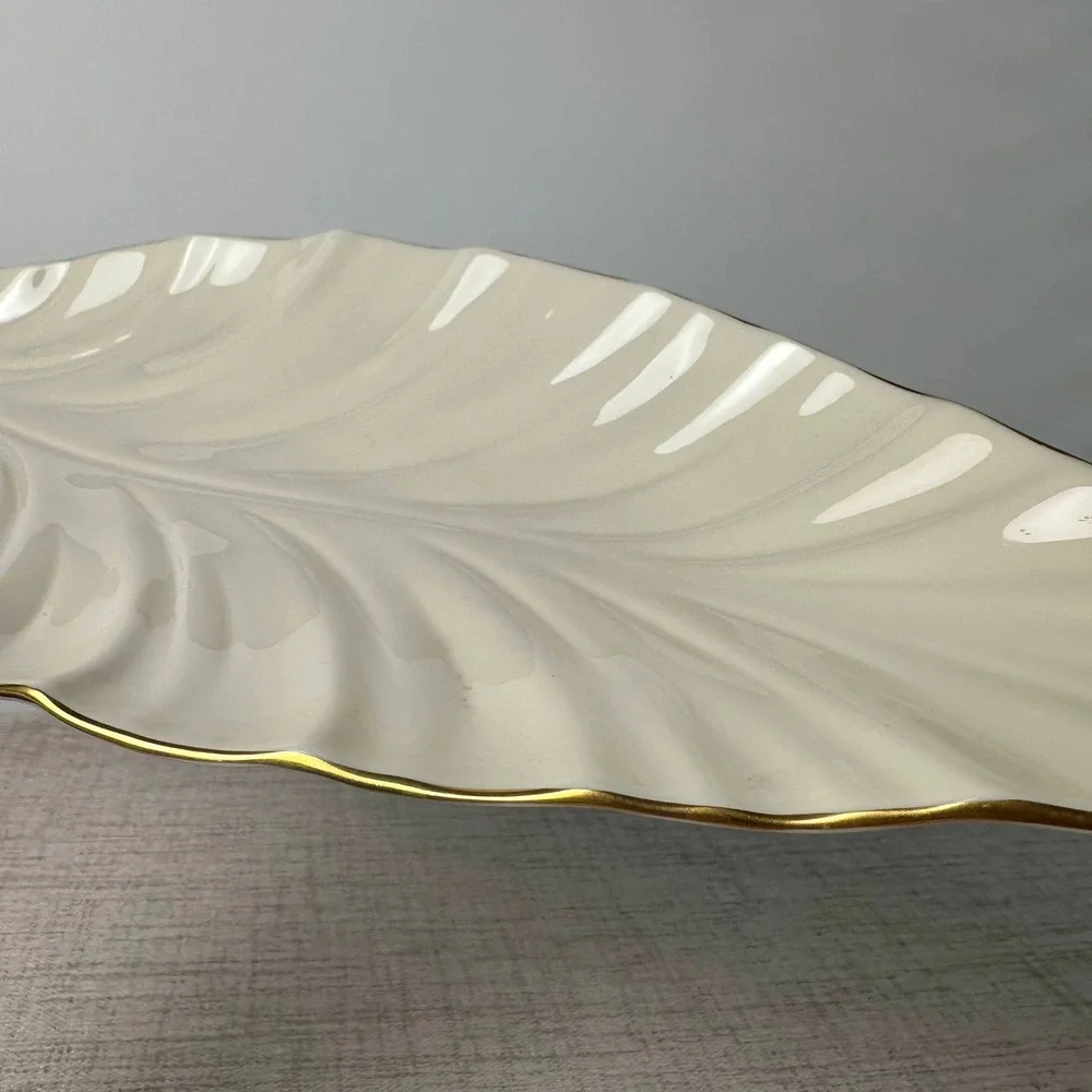 Vintage Lenox Ivory Porcelain Leaf Serving Tray Gold Trim Made in USA